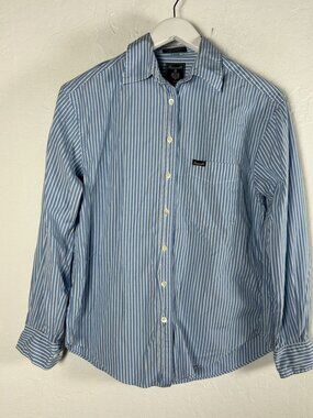 Faconnable Womens Blue White Striped Button-Up Shirt Small Cotton Casual USA